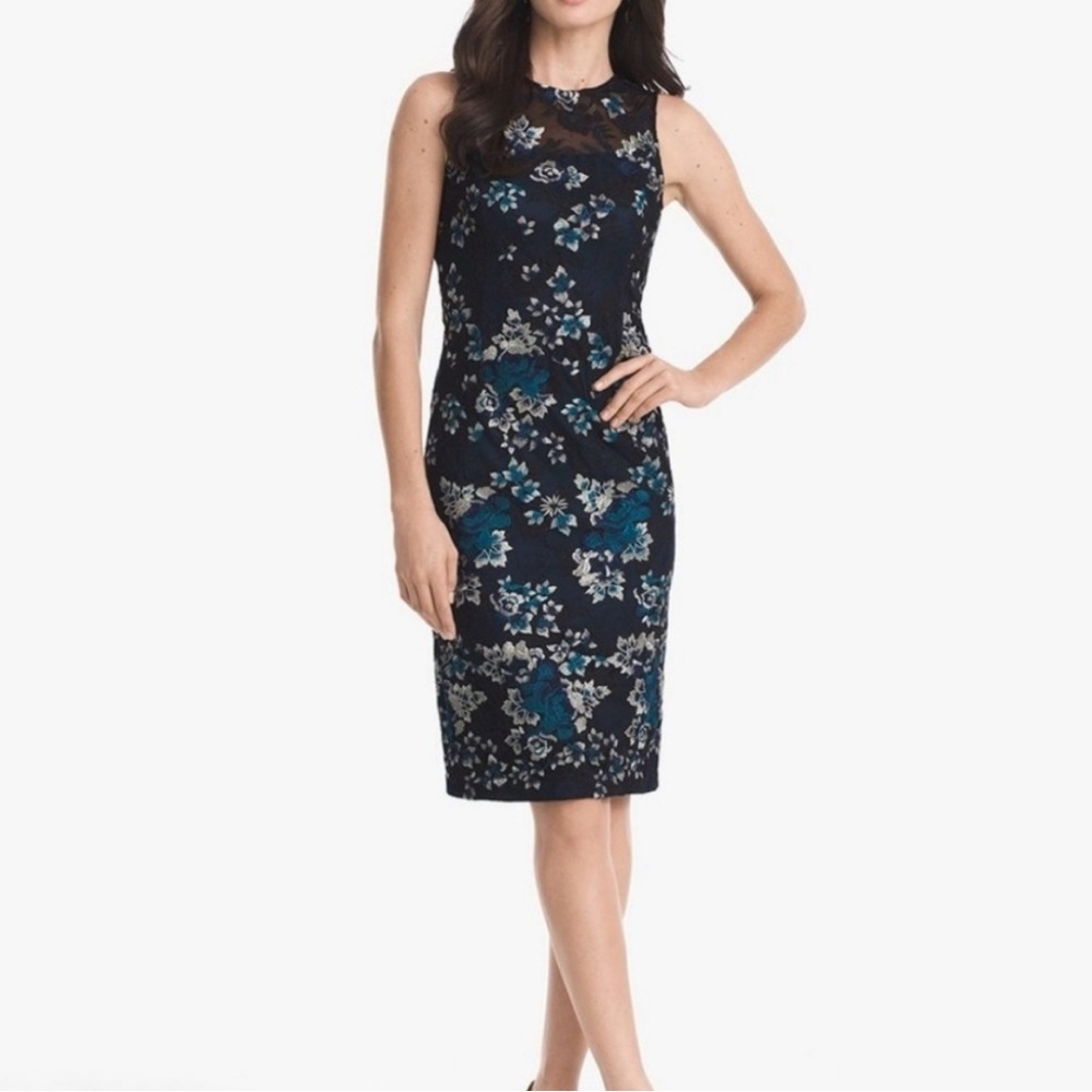 White House Black Market Floral Embroidered Lace Dress, Black and Navy, “Size 2”